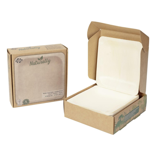 Holzteller Einwegteller aus Pappelholz quadratisch 14.5x14.5cm FSC®, 25 Stk.