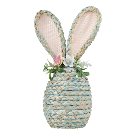 Osterhase aus Maisstroh mit Blumen, Osterdeko 25 cm blau