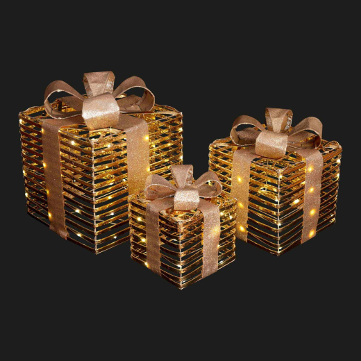 LED Geschenkpakete 3er-Set 17/23/30 cm, gold, warmweiß, Weihnachtsdeko