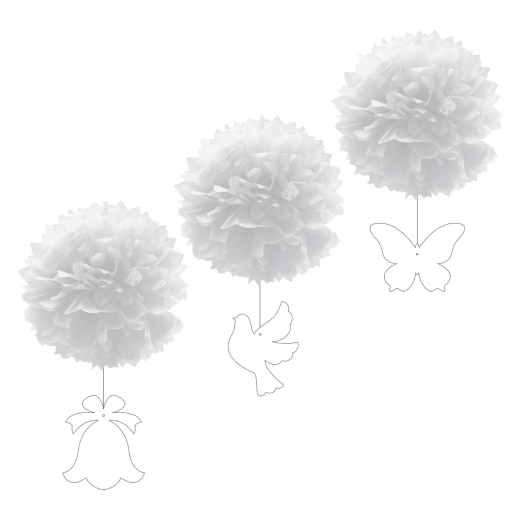 Pompons mit Figuren aus Papier schwer entflammbar weiß Ø30cm, 3 Stk.