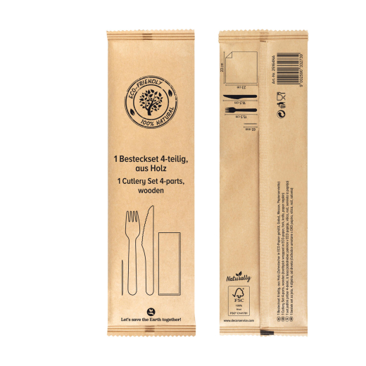 Bestecksets aus Holz 4 tlg. Inkl. Serviette Zahnstocher, 21cm, 25 Sets