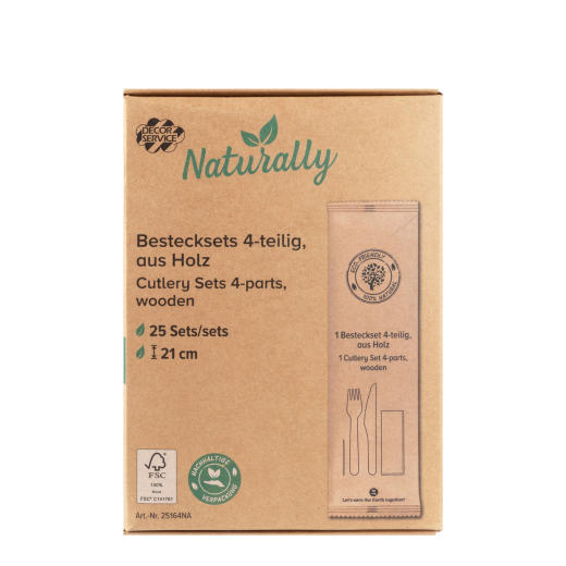 Bestecksets aus Holz 4 tlg. Inkl. Serviette Zahnstocher, 21cm, 25 Sets
