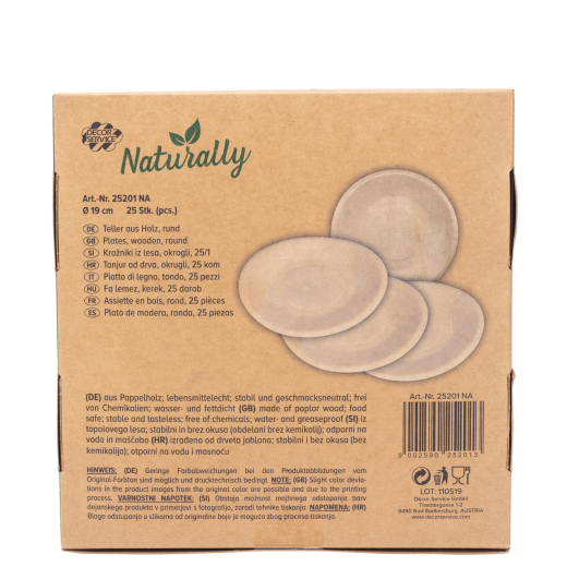 Holzteller Einwegteller aus Pappelholz rund Ø19cm FSC®-zertifiziert, 25 Stk.