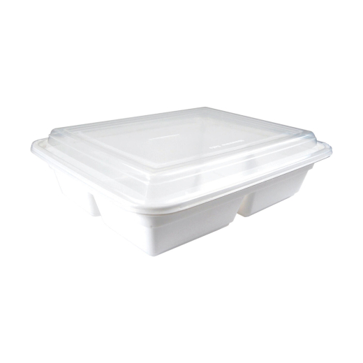 Mehrweg Menüboxen mit Deckel 3-geteilt weiß 23x18x6.5cm, 50 Stk.