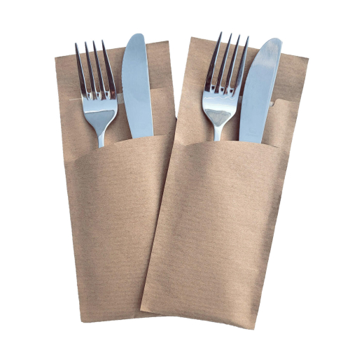 Pochetto Bestecktaschen 200x85mm PURE Natronkraft mit Serviette braun, 50 Stk.