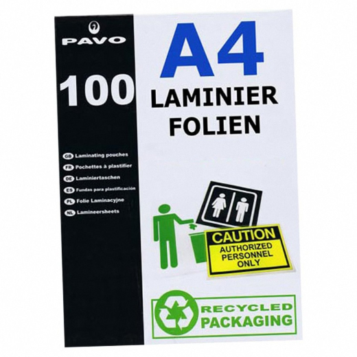 PAVO Laminierfolien A4, 216 x 303mm, 2x 75/80 mic, Hochglanz, 100 Stk.