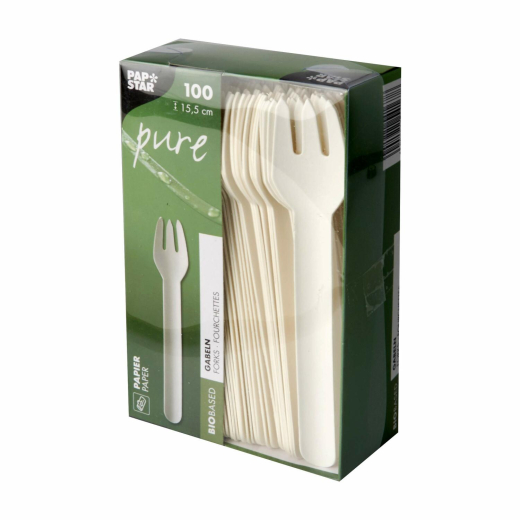 PAPSTAR 'pure' Papiergabeln Gabeln aus Papier 15,5 cm FSC® weiss, 100 Stk.