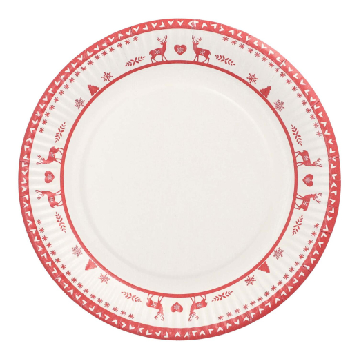 Pappteller rund Ø 23 cm mit Motiv 'Nordische Rentiere' weiß/rot, 10 Stk.