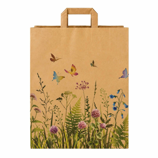 Papiertragetaschen aus Kraftpapier 220+100x280mm Blumengarten Flachhenkel EAN-Code braun