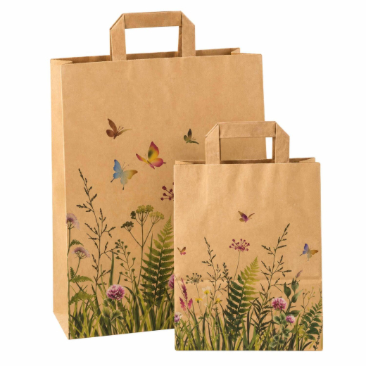Papiertragetaschen aus Kraftpapier 320+120x400mm Blumengarten Flachhenkel EAN-Code braun
