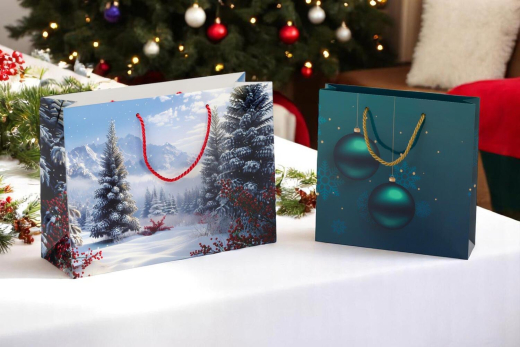 Luxus Papiertragetaschen 250+ 60x250mm Weihnachtskugeln in Petrolblau EAN-Code 190 g/m²