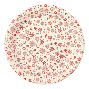 Pappteller rund Ø 23 cm weiss mit roten Schneeflocken, 30 Stk.