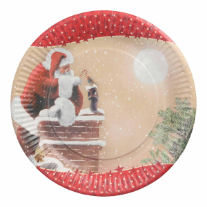 Pappteller rund Ø 23 cm 'Weihnachtsmann auf Schornstein', 10 Stk.