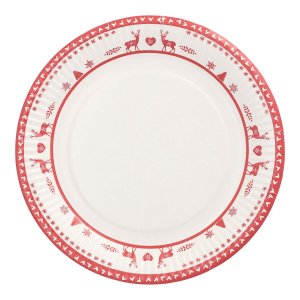 Pappteller rund Ø 23 cm mit Motiv 'Nordische Rentiere' weiß/rot, 10 Stk.